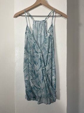 Teal and White Feather-Print Spaghetti Strap Top